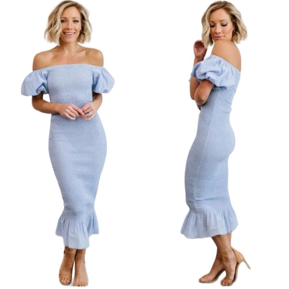 Baltic Born Alana Smocked Midi Dress Blue Off The Shoulder Puff‎ Sz S